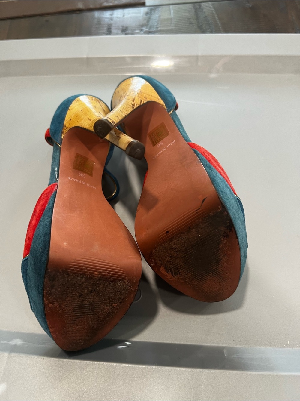 Kurt Geiger Teal and Red Suede T-Strap Heels with Gold Trim - Picture 3 of 3